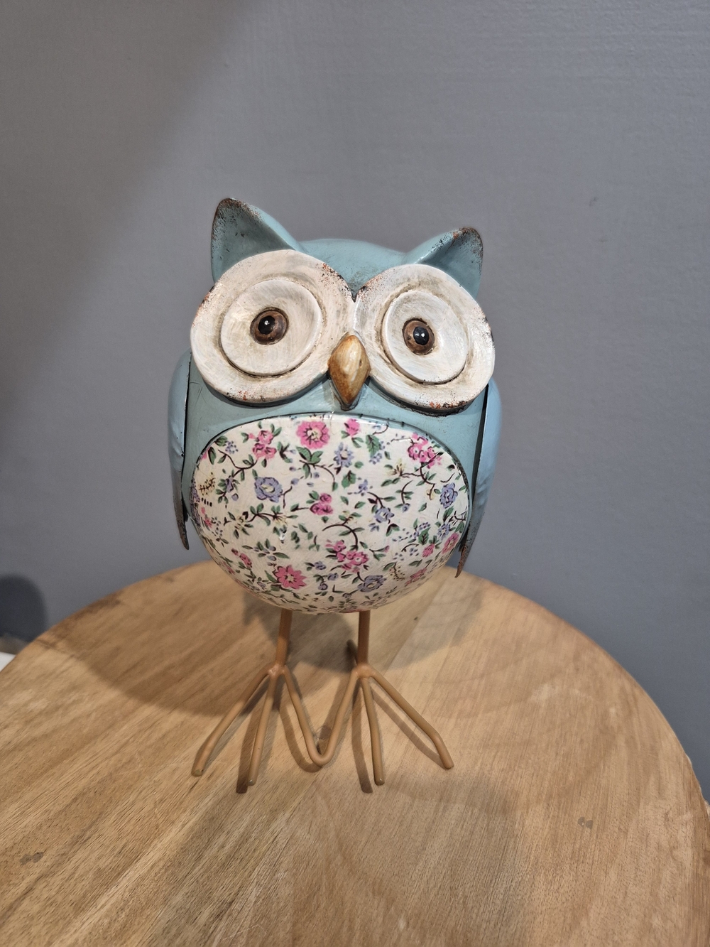 Blue Metal Floral Owl Figurine Decorative Accent Or Garden Decor